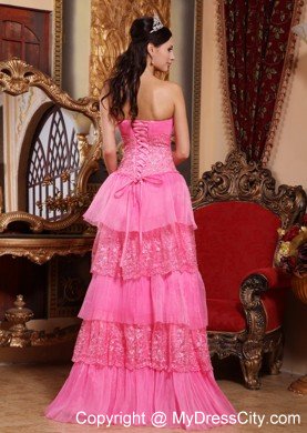 Pink Empire Strapless Floor-length Lace Appliques Prom Dress