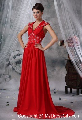 V-neck Beaded Decorate Waist Brush Train Red Chiffon Prom Dress