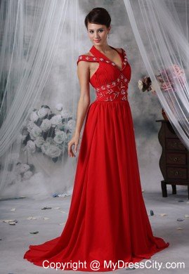 V-neck Beaded Decorate Waist Brush Train Red Chiffon Prom Dress