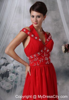 V-neck Beaded Decorate Waist Brush Train Red Chiffon Prom Dress