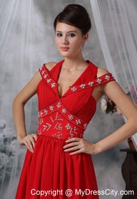 V-neck Beaded Decorate Waist Brush Train Red Chiffon Prom Dress