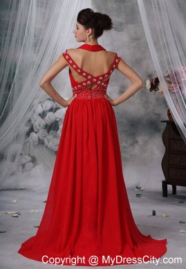 V-neck Beaded Decorate Waist Brush Train Red Chiffon Prom Dress