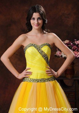 Yellow Tulle A-line Sweetheart Beaded Decorate Prom Dress