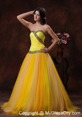 Yellow Tulle A-line Sweetheart Beaded Decorate Prom Dress