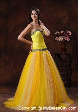 Yellow Tulle A-line Sweetheart Beaded Decorate Prom Dress