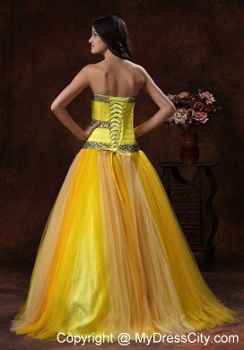 Yellow Tulle A-line Sweetheart Beaded Decorate Prom Dress