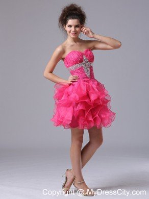 Sweetheart Mini-length Organza Beading Hot Pink Prom Dress