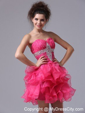 Sweetheart Mini-length Organza Beading Hot Pink Prom Dress