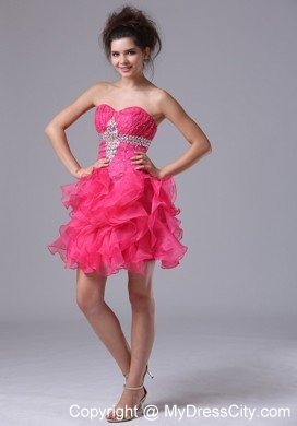 Sweetheart Mini-length Organza Beading Hot Pink Prom Dress