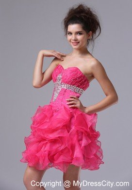 Sweetheart Mini-length Organza Beading Hot Pink Prom Dress