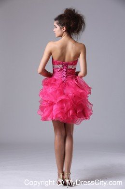 Sweetheart Mini-length Organza Beading Hot Pink Prom Dress