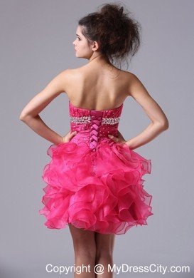 Sweetheart Mini-length Organza Beading Hot Pink Prom Dress