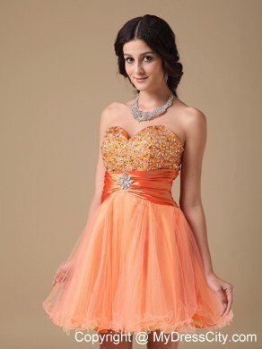 Orange A-line Sweetheart Mini-length Organza Beaded Prom Dress