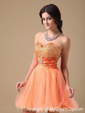 Orange A-line Sweetheart Mini-length Organza Beaded Prom Dress