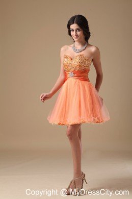 Orange A-line Sweetheart Mini-length Organza Beaded Prom Dress