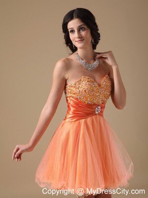 Orange A-line Sweetheart Mini-length Organza Beaded Prom Dress