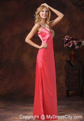 Watermelon One Shoulder Leopard and Silk Like Satin Prom Dress