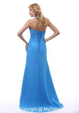 2013 Sky Blue Halter Beaded Prom Dress With Brush Train