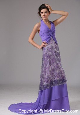 Pretty Chiffon Halter Ruching Court Train Purple Prom Dresses