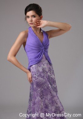 Pretty Chiffon Halter Ruching Court Train Purple Prom Dresses