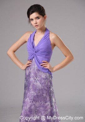 Pretty Chiffon Halter Ruching Court Train Purple Prom Dresses