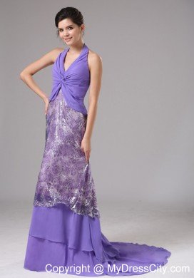 Pretty Chiffon Halter Ruching Court Train Purple Prom Dresses