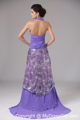 Pretty Chiffon Halter Ruching Court Train Purple Prom Dresses