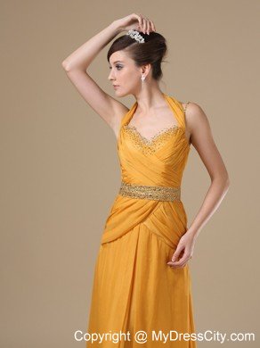 Halter Beaded Empire Ruching Gold Prom Dresses On Sale