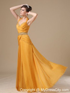 Halter Beaded Empire Ruching Gold Prom Dresses On Sale