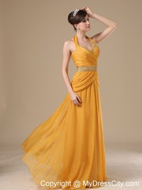 Halter Beaded Empire Ruching Gold Prom Dresses On Sale