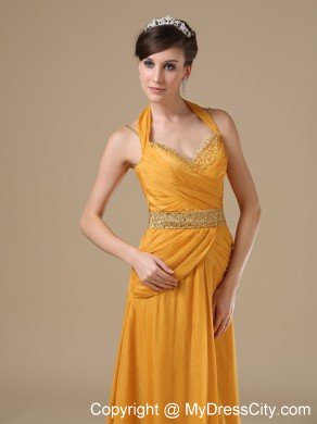 Halter Beaded Empire Ruching Gold Prom Dresses On Sale