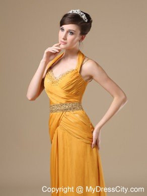 Halter Beaded Empire Ruching Gold Prom Dresses On Sale