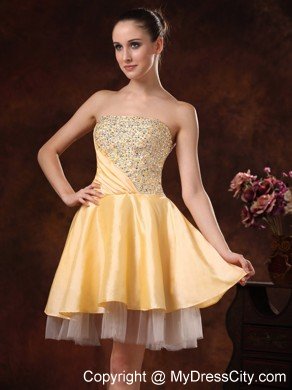 Beaded Strapless Ruching Gold Short Prom Dress for Girls