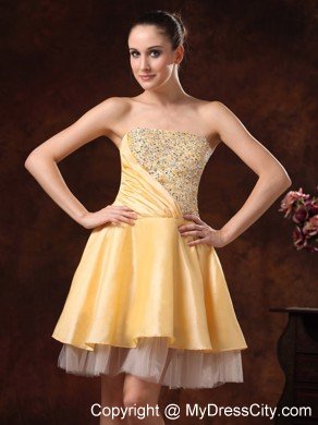 Beaded Strapless Ruching Gold Short Prom Dress for Girls