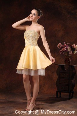 Beaded Strapless Ruching Gold Short Prom Dress for Girls