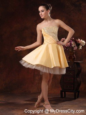 Beaded Strapless Ruching Gold Short Prom Dress for Girls