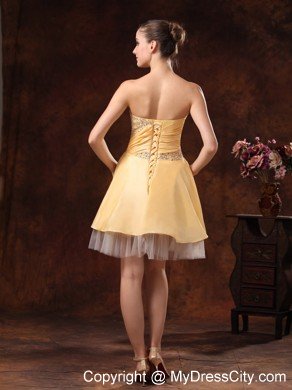 Beaded Strapless Ruching Gold Short Prom Dress for Girls