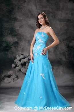 Aqua Blue Strapless Mermaid Appliques 2013 Prom Dresses