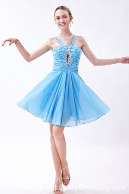 Empire V-neck Beaded Chiffon Short Baby Blue Prom Dresses