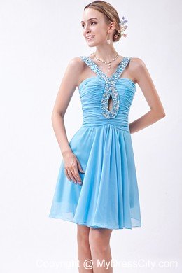 Empire V-neck Beaded Chiffon Short Baby Blue Prom Dresses