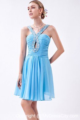 Empire V-neck Beaded Chiffon Short Baby Blue Prom Dresses