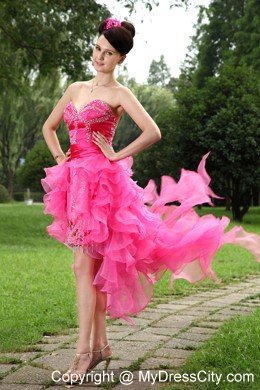 Sweetheart Beaded Ruffles Sexy Hot Pink High-low Prom Dresses