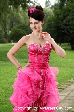 Sweetheart Beaded Ruffles Sexy Hot Pink High-low Prom Dresses