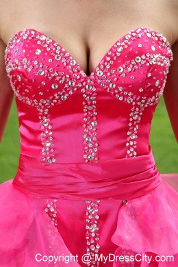 Sweetheart Beaded Ruffles Sexy Hot Pink High-low Prom Dresses