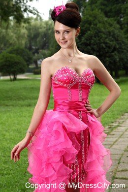 Sweetheart Beaded Ruffles Sexy Hot Pink High-low Prom Dresses