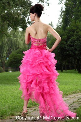 Sweetheart Beaded Ruffles Sexy Hot Pink High-low Prom Dresses