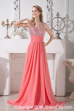 Spaghetti Straps Empire Chiffon Brush Train Watermelon Prom Dresses