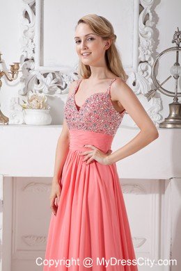 Spaghetti Straps Empire Chiffon Brush Train Watermelon Prom Dresses