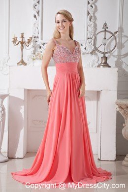 Spaghetti Straps Empire Chiffon Brush Train Watermelon Prom Dresses