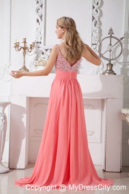 Spaghetti Straps Empire Chiffon Brush Train Watermelon Prom Dresses